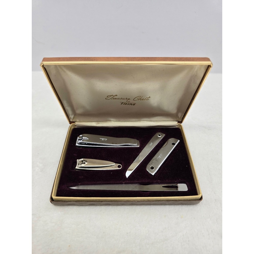 Vintage Trim Treasure Chest Manicure Grooming Set Brown Case 5pc Kit OS Unisex